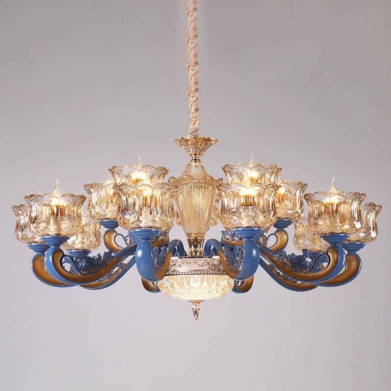 Modern Blue Glass Pendant Chandelier with Curved Ceiling Fixture and Shade