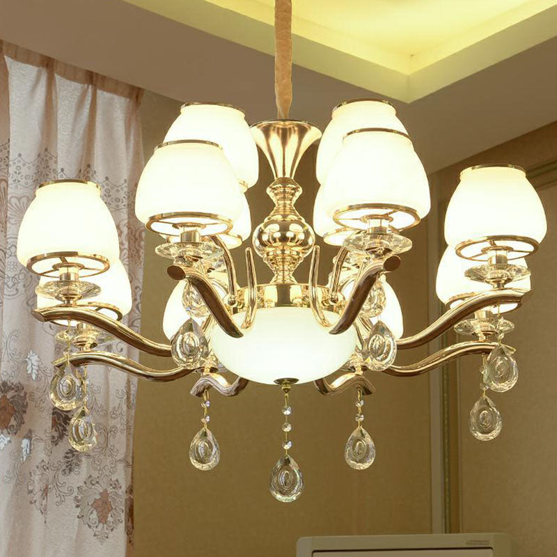 Modern White Glass Chandelier With Crystal Droplet And Gold Urn Shade Pendant Light