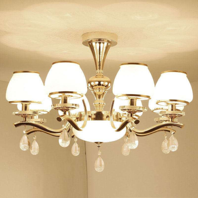 Modern White Glass Chandelier With Crystal Droplet And Gold Urn Shade Pendant Light 8 /