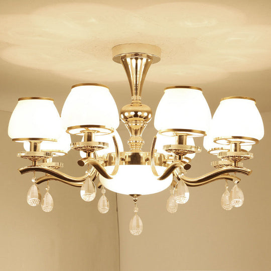 Modern White Glass Chandelier With Crystal Droplet And Gold Urn Shade Pendant Light 8 /