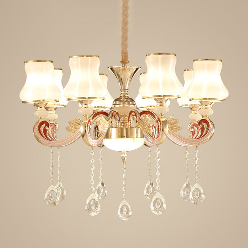 Nordic Metal Hanging Pendant Light with Scrolled Arm and Flared Glass Shade in Gold - Ideal for Living Room