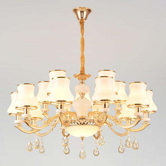Minimal Hanging Chandelier With Frosted Glass Curve Crystal Accent In Gold 15 /