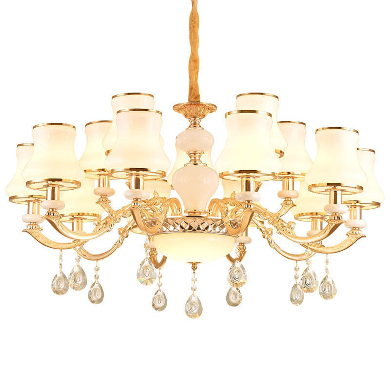 Minimal Hanging Chandelier With Frosted Glass Curve Crystal Accent In Gold
