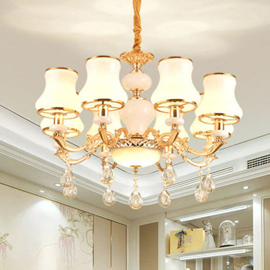 Minimal Hanging Chandelier With Frosted Glass Curve Crystal Accent In Gold 8 /