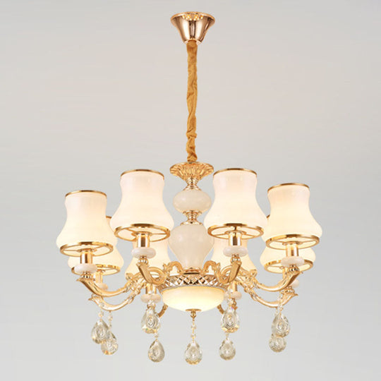 Minimal Hanging Chandelier With Frosted Glass Curve Crystal Accent In Gold