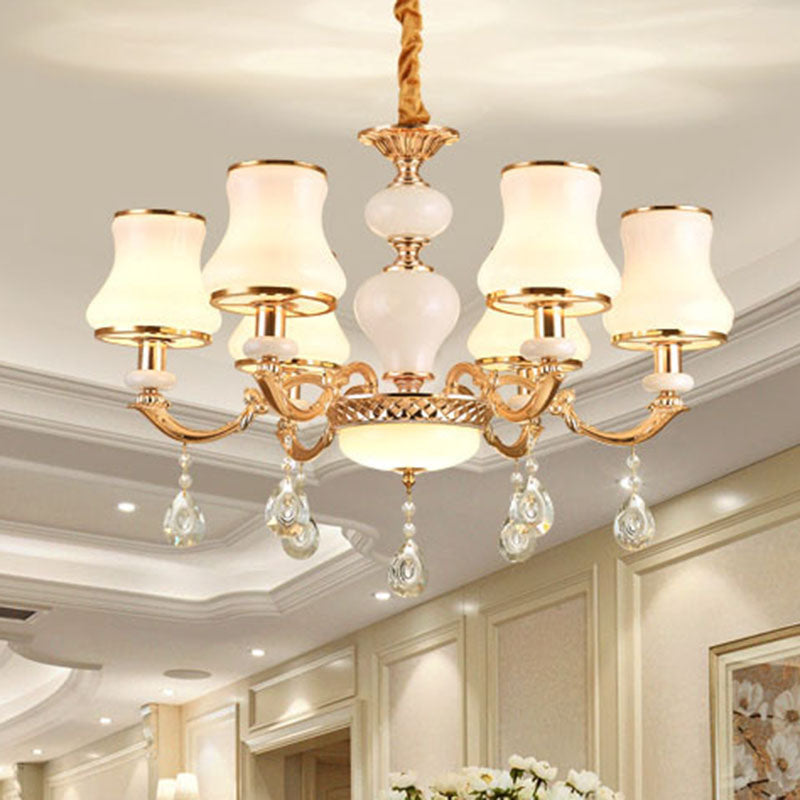 Minimal Hanging Chandelier With Frosted Glass Curve Crystal Accent In Gold 6 /