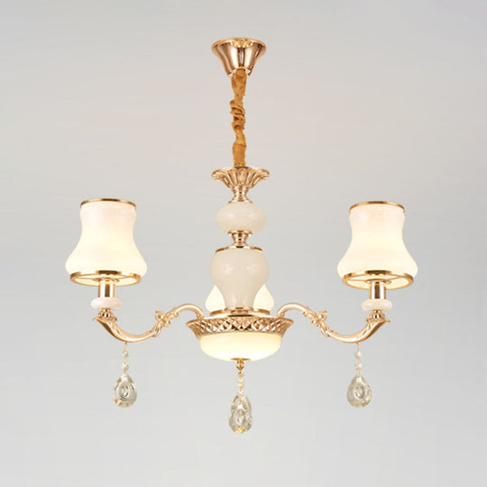 Minimal Hanging Chandelier With Frosted Glass Curve Crystal Accent In Gold 3 /