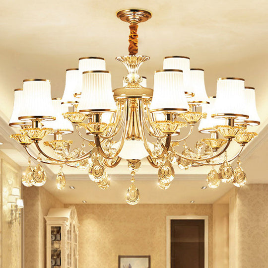 Gold Modern Chandelier with Opal Ribbed Glass Bell Shade: Living Room Hanging Lamp