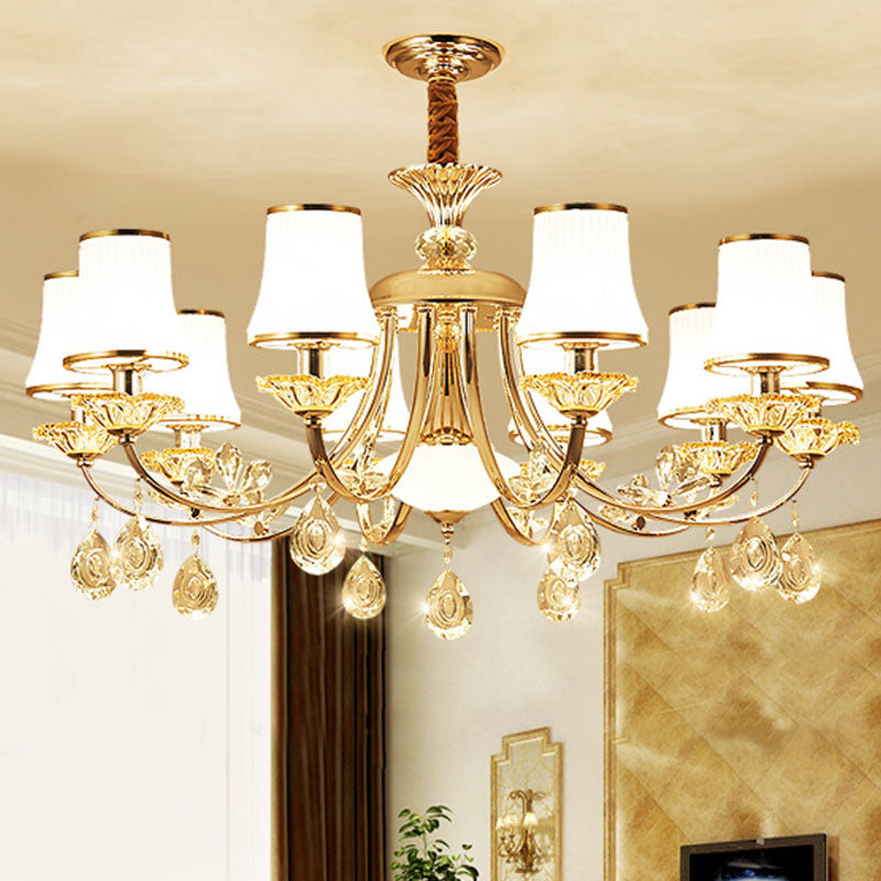 Gold Modern Chandelier with Opal Ribbed Glass Bell Shade: Living Room Hanging Lamp