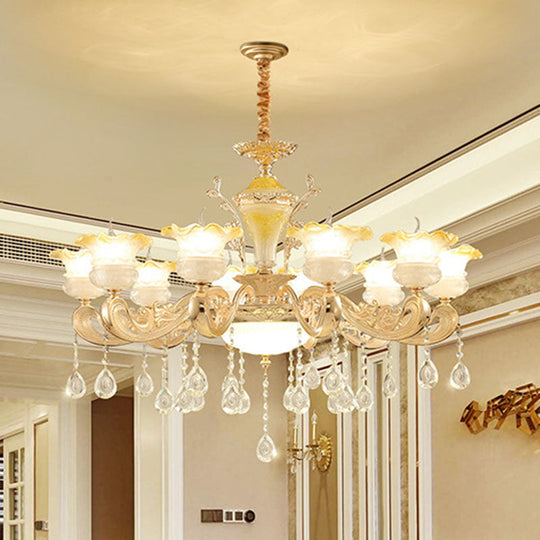 Gold Petal Frosted Glass Pendant Chandelier With Crystal Droplet - Minimalistic Hanging Light Kit 10