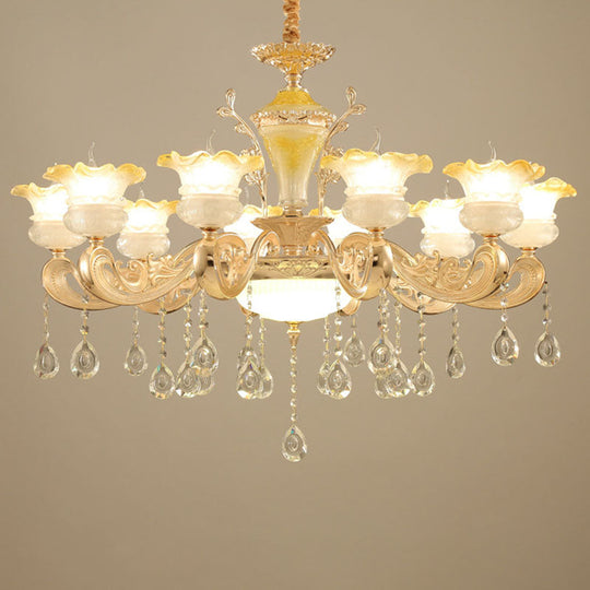 Gold Petal Frosted Glass Pendant Chandelier With Crystal Droplet - Minimalistic Hanging Light Kit