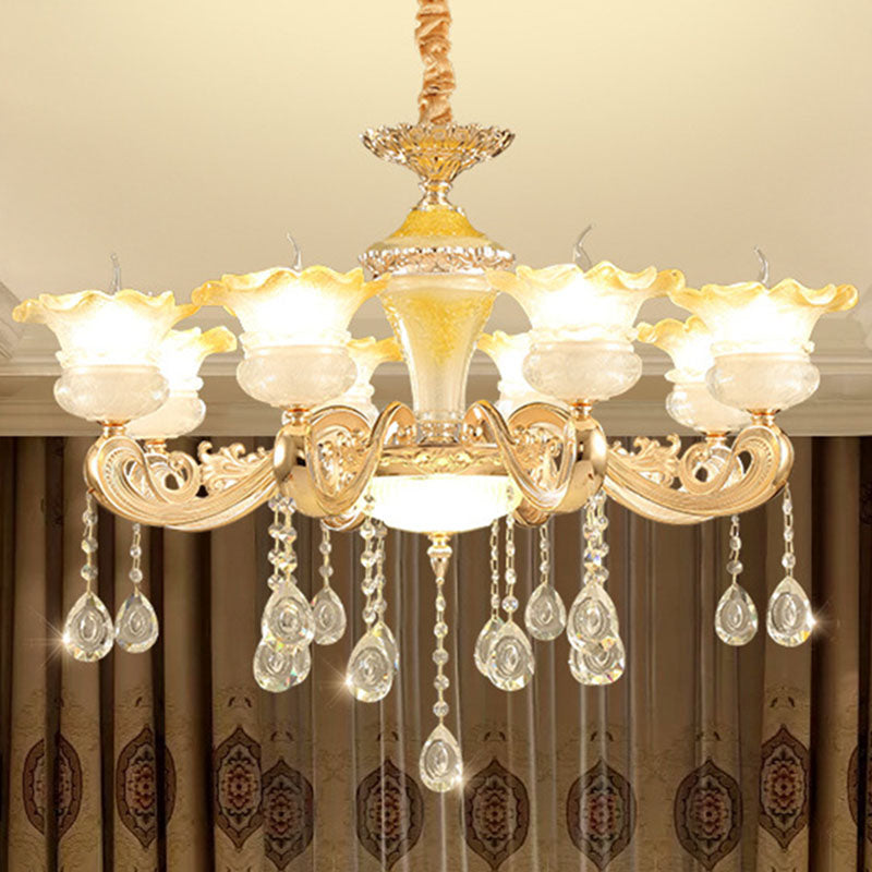 Gold Petal Frosted Glass Pendant Chandelier With Crystal Droplet - Minimalistic Hanging Light Kit 8