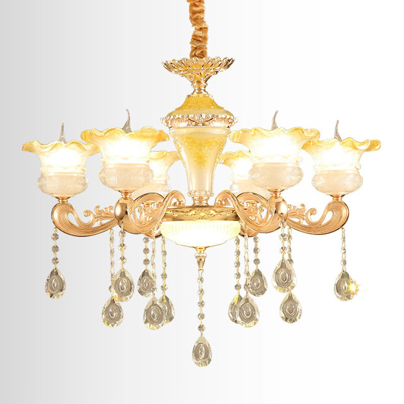 Minimalistic Gold Pendant Chandelier - Petal Frosted Glass, Crystal Droplet - Hanging Light Kit