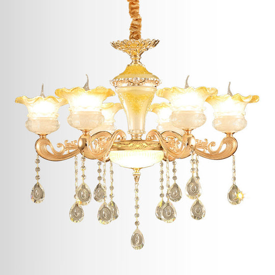 Minimalistic Gold Pendant Chandelier - Petal Frosted Glass, Crystal Droplet - Hanging Light Kit