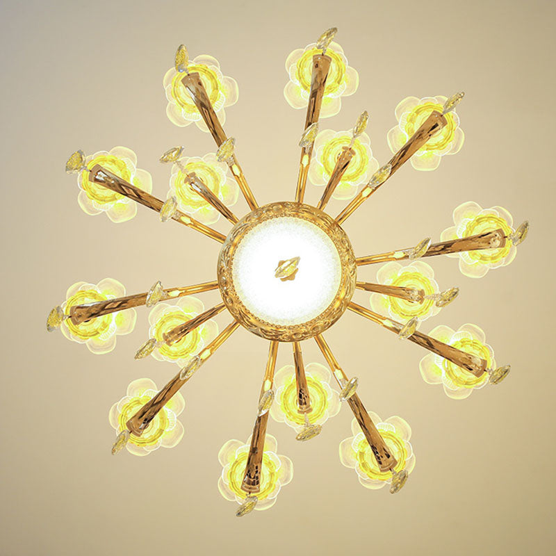 Contemporary Gold Chandelier - Floral K9 Crystal Drop Lamp For Bedroom