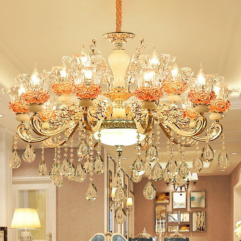 Modern Gold Petal Chandelier with Crystal Accent - Clear Textured Glass Pendant Light