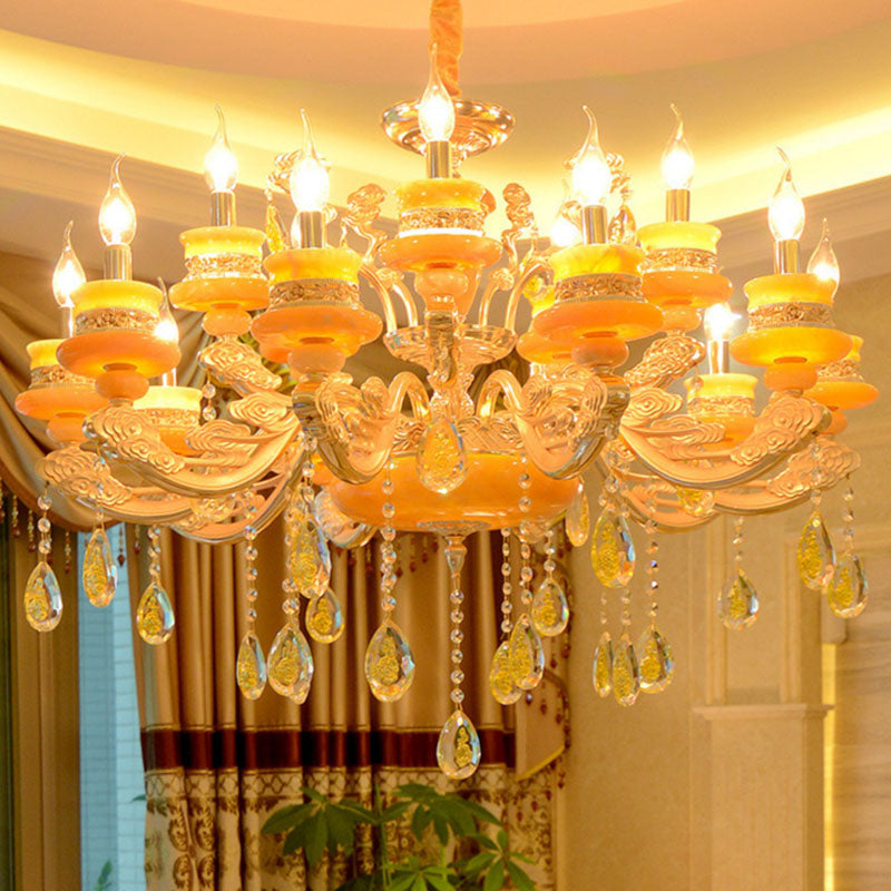 Jade Gold Candelabra Pendant Chandelier - Elegant Hanging Lighting With Crystal Droplet Ideal For