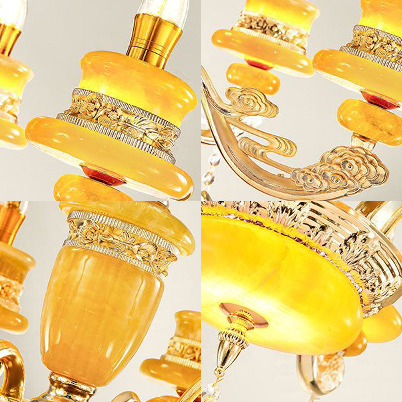 Jade Gold Candelabra Pendant Chandelier - Elegant Hanging Lighting With Crystal Droplet Ideal For