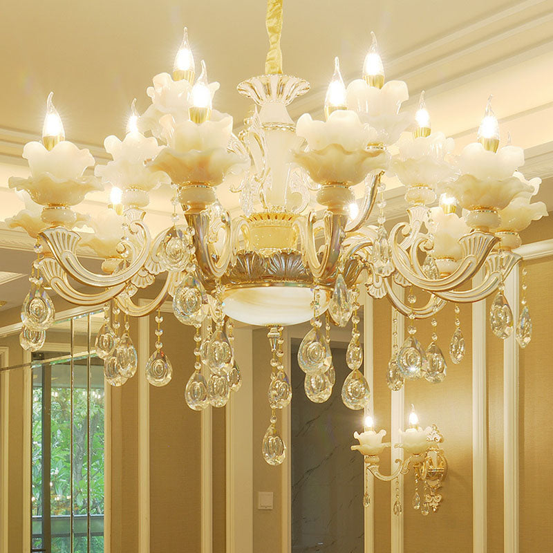 Contemporary Gold Petal Chandelier With Jade Suspension & Crystal Draping 15 /