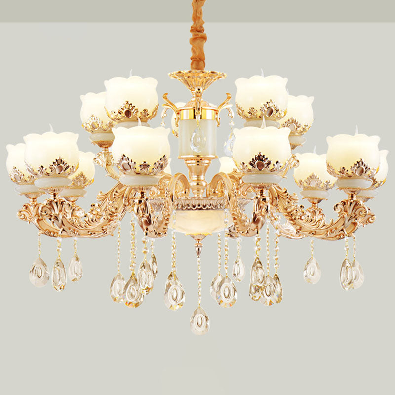 Gold Blossom Crystal Pendant Chandelier with Elegant Jade Shade