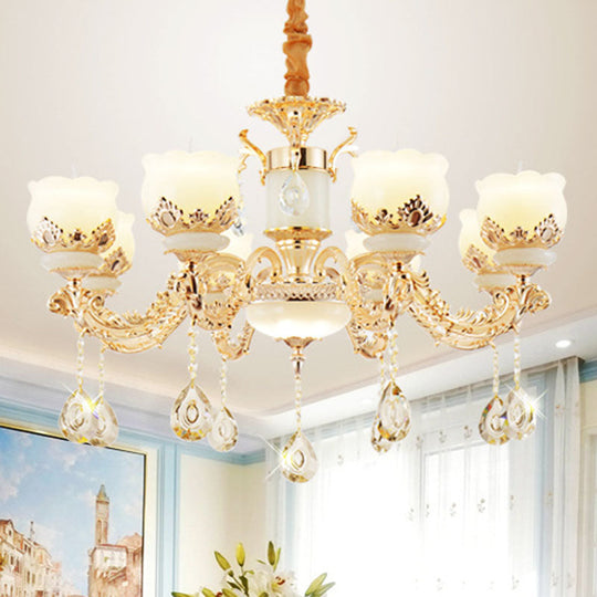 Gold Blossom Crystal Pendant Chandelier with Elegant Jade Shade