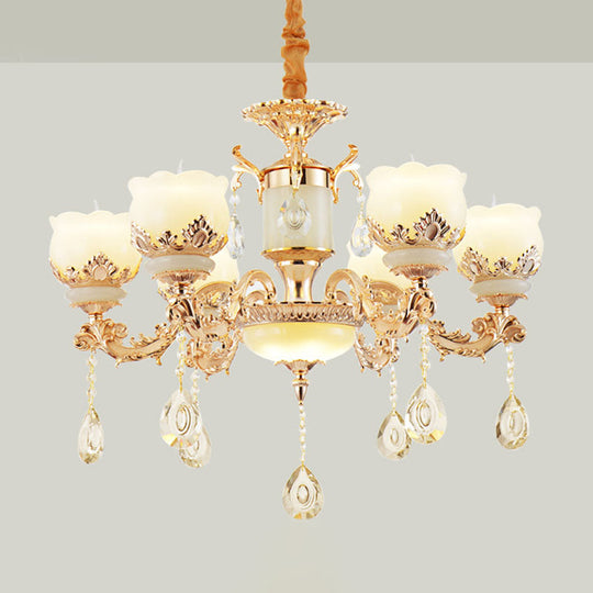 Gold Blossom Crystal Chandelier With Jade Shade 6 /