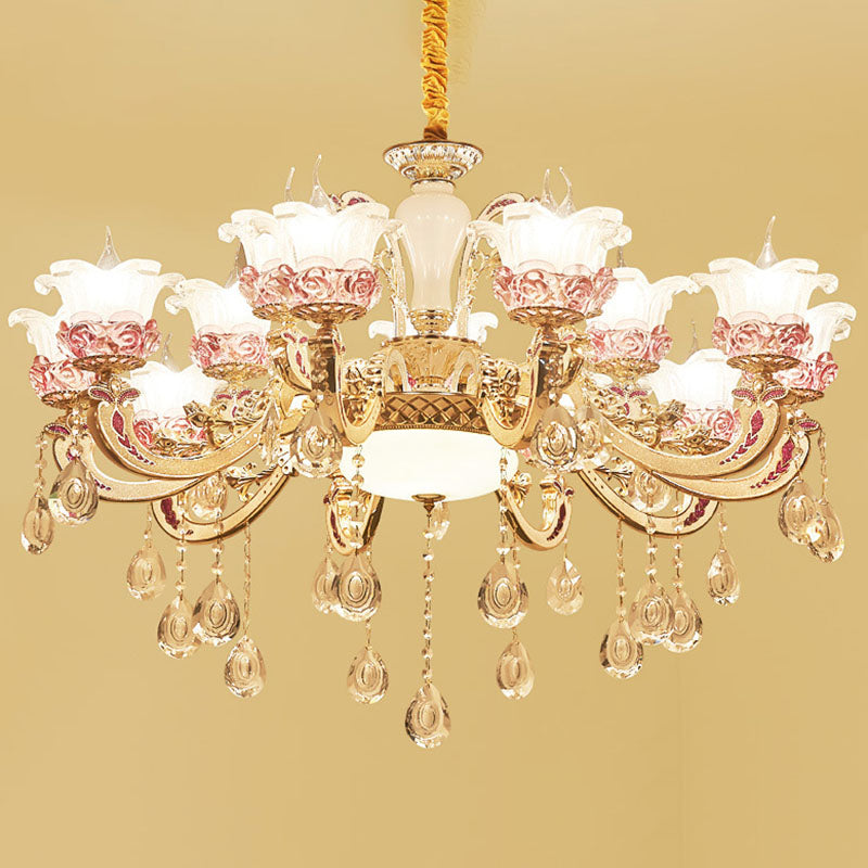 Modern Frosted Glass Flower Chandelier Pendant With Crystal Accents For Living Room Décor