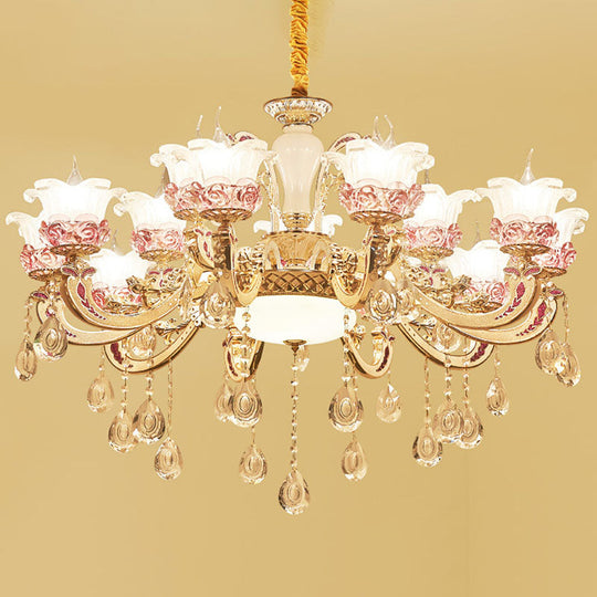 Modern Frosted Glass Flower Chandelier Pendant With Crystal Accents For Living Room Décor