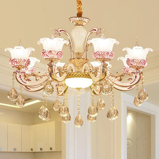 Modern Frosted Glass Flower Chandelier Pendant With Crystal Accents For Living Room Décor 8 / Gold