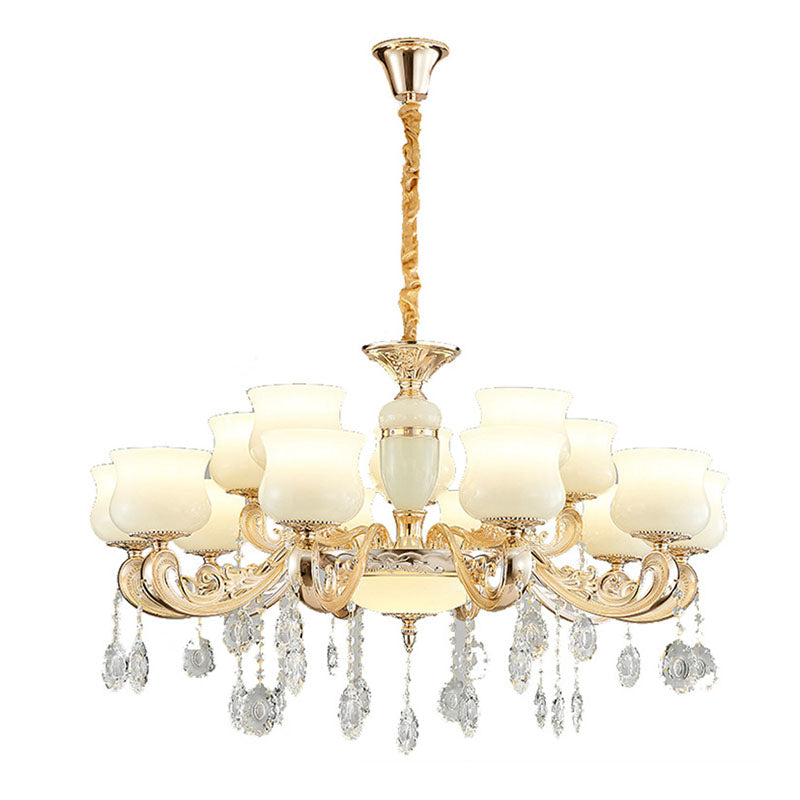 White Faux Jade Urn Pendant Chandelier with Crystal Accent - Modernist Hanging Ceiling Light