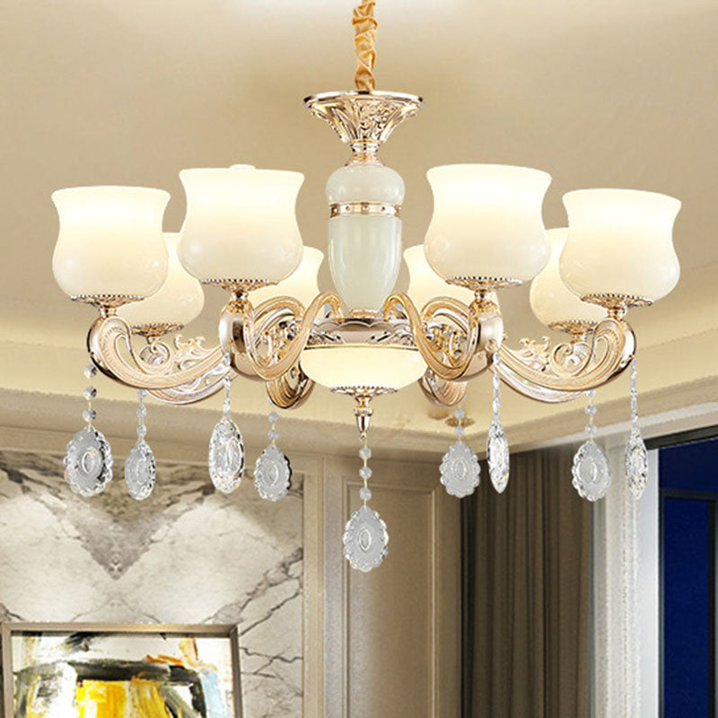 White Faux Jade Urn Pendant Chandelier with Crystal Accent - Modernist Hanging Ceiling Light