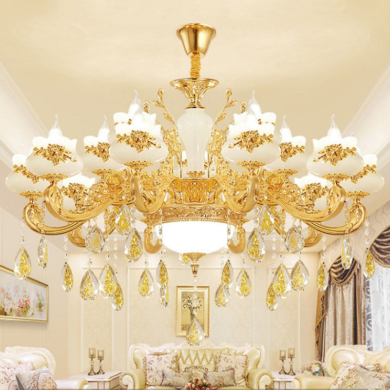 Gold Faux Jade Ceiling Chandelier For Living Room - Flowerbud Simplicity Lighting Fixture