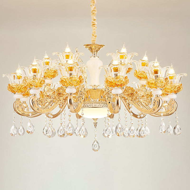 Floral Clear Glass Living Room Chandelier - Simple Gold Suspension Light Fixture 18 /