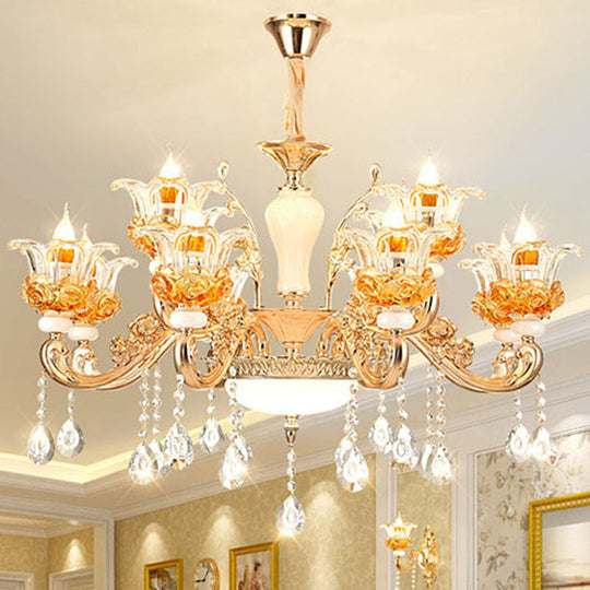 Gold Floral Glass Chandelier: Elegant Living Room Suspension Lamp