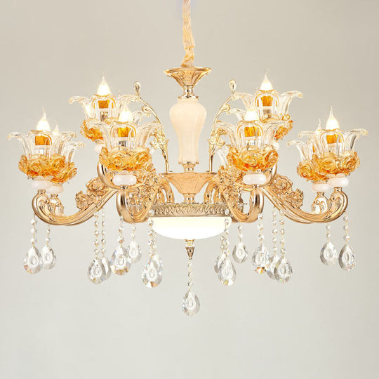 Floral Clear Glass Living Room Chandelier - Simple Gold Suspension Light Fixture