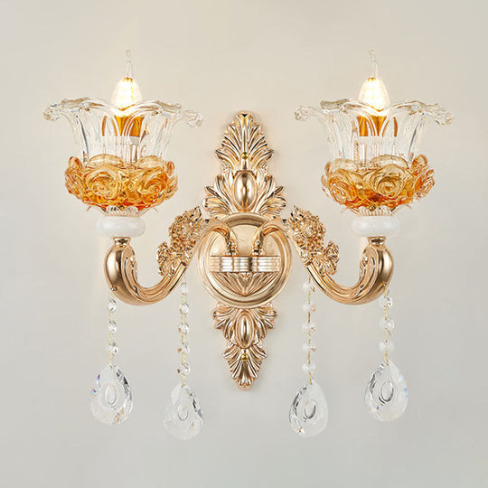 Gold Floral Glass Chandelier: Elegant Living Room Suspension Lamp