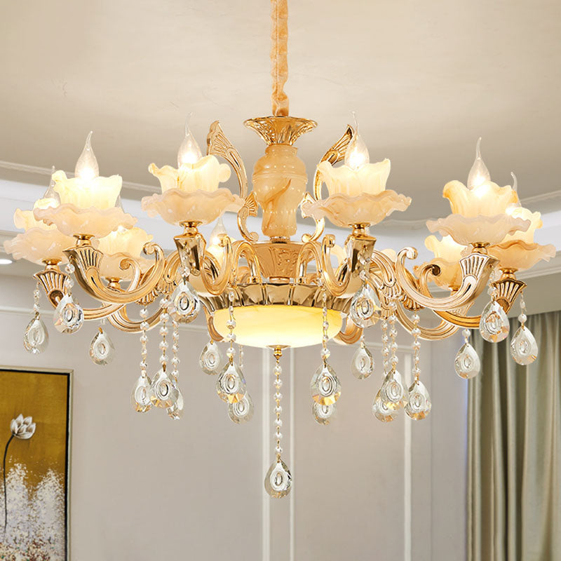 Minimalist Gold Chandelier with Blossom Jade, Crystal Draping, and Hanging Lamp Kit