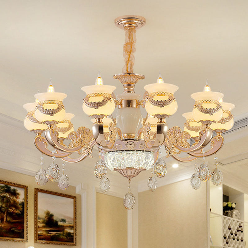 Jade Gold Candle Chandelier With Crystal Accent - Elegant Lighting For Country Living Rooms