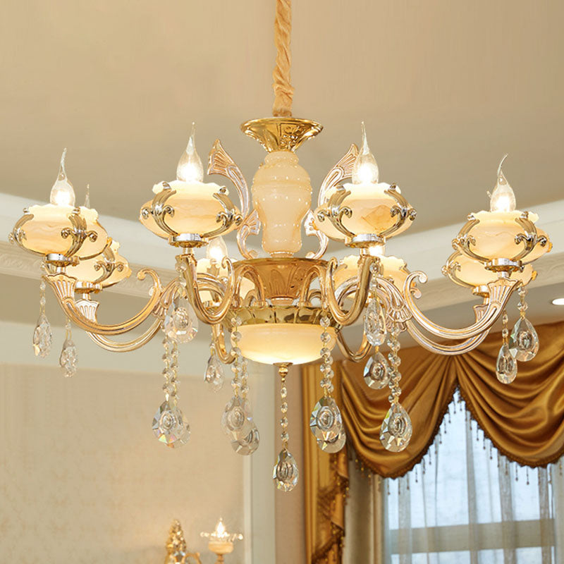 Rustic Jade Gold Chandelier - Floral Living Room Pendant With Crystal Draping