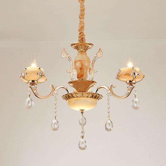 Rustic Jade Gold Chandelier - Floral Living Room Pendant With Crystal Draping 3 / C