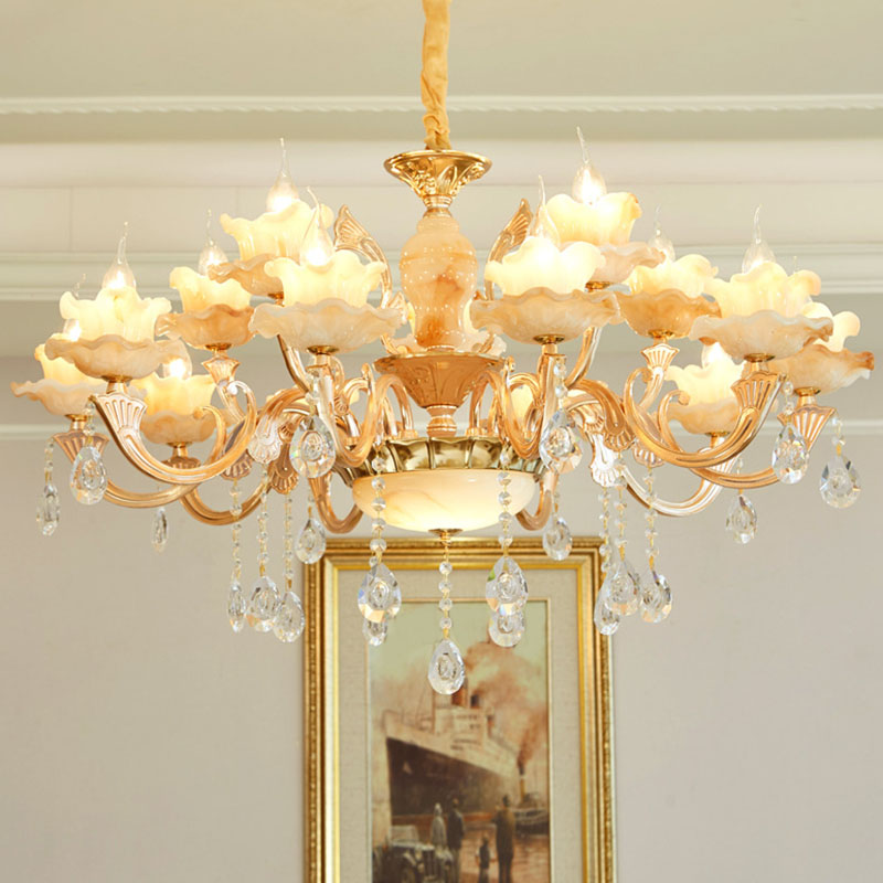 Rustic Jade Gold Chandelier - Floral Living Room Pendant With Crystal Draping 15 / A
