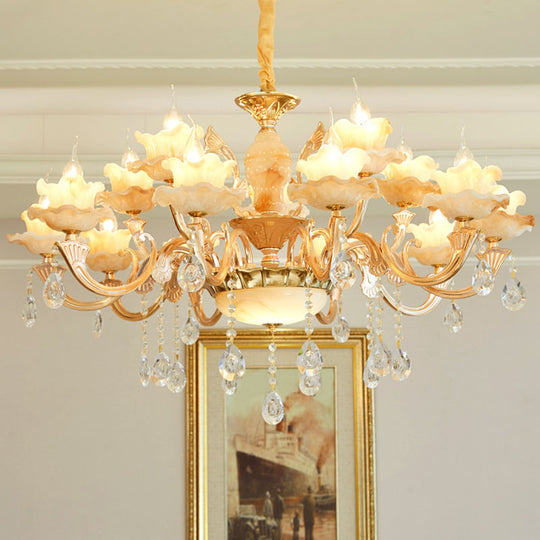 Rustic Jade Gold Chandelier - Floral Living Room Pendant With Crystal Draping 15 / A