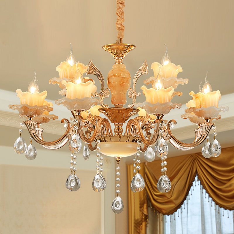 Rustic Jade Gold Chandelier - Floral Living Room Pendant With Crystal Draping 12 / A