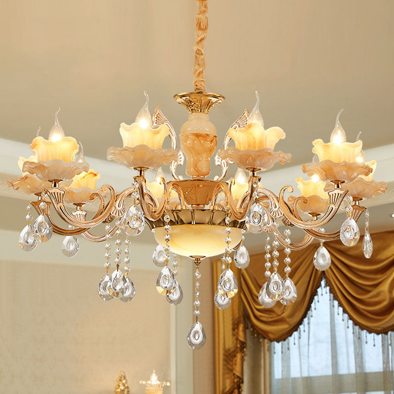 Rustic Jade Gold Chandelier - Floral Living Room Pendant With Crystal Draping
