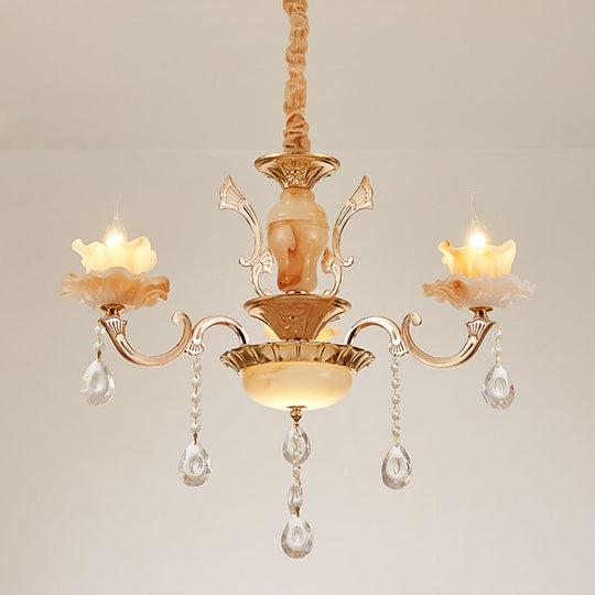 Rustic Jade Gold Chandelier - Floral Living Room Pendant With Crystal Draping 3 / A