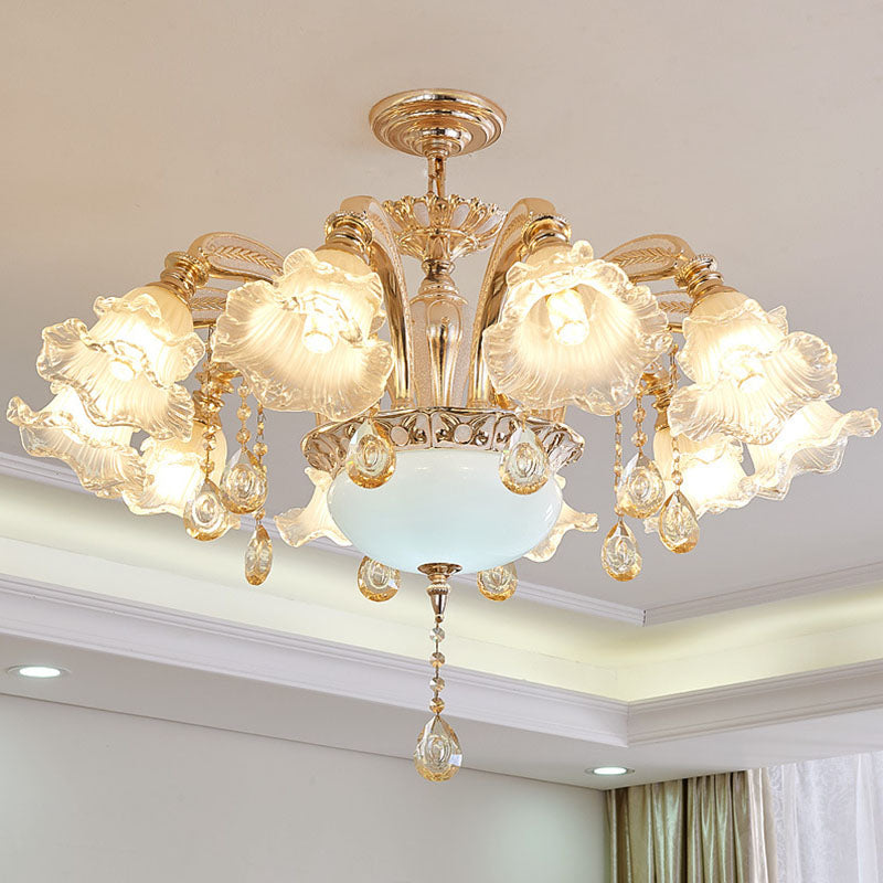 Nordic Gold Flower Chandelier Light Fixture With Frosted Textured Glass Shade - Hanging Lighting 12