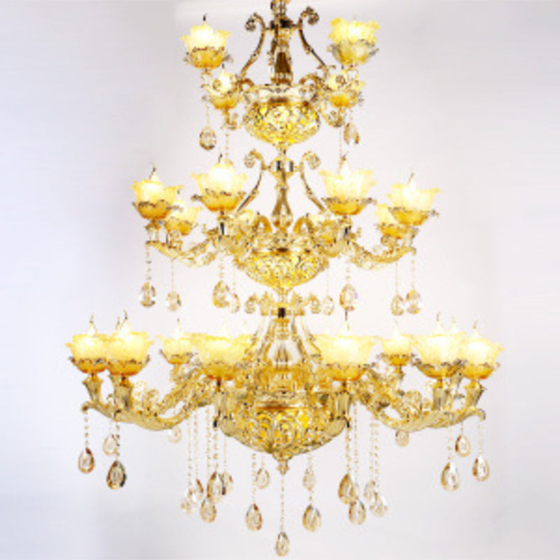 Modern Amber Glass Hanging Chandelier - Gold Living Room Pendant Light 24 /