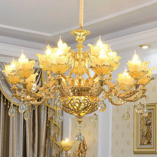 Modern Amber Glass Hanging Chandelier - Gold Living Room Pendant Light 15 /