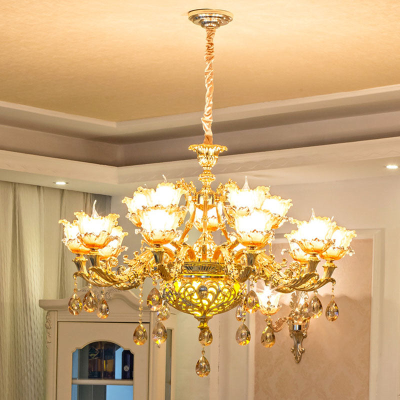 Modern Amber Glass Hanging Chandelier - Gold Living Room Pendant Light