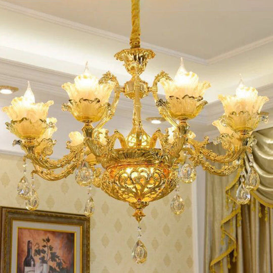 Amber Textured Glass Modernism Pendant Light Fixture - Petal Living Room Chandelier in Gold